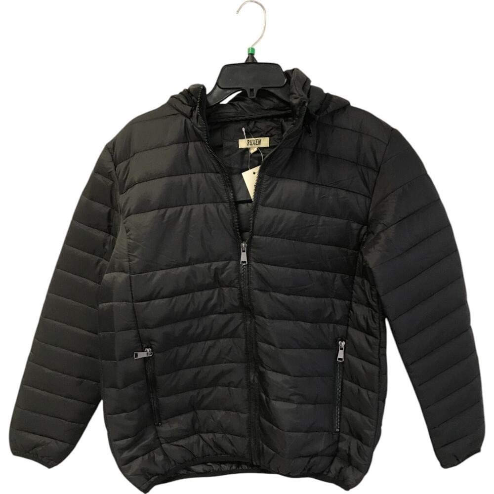 Ruxen Full Zip Hooded Puffer Jacket Mens Size L Black Long Sleeve Pockets NWT
